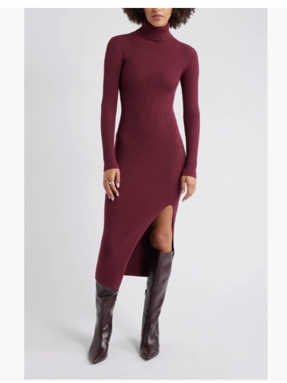 Open Edit Ribbed Long Sleeve Turtleneck Sweater Midi Dress in burgundy Medium